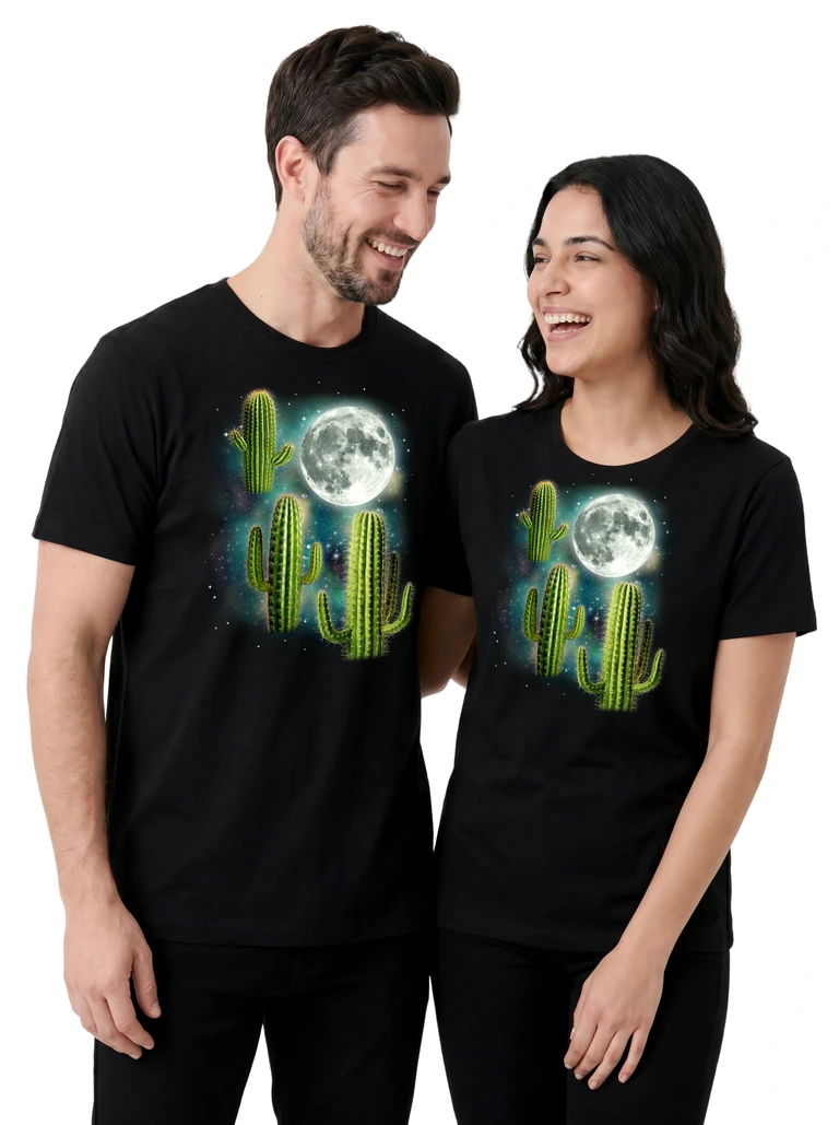 Couple wearing the Three Cactus Moon cosmic t-shirt - MagicMoon moon-channeled design