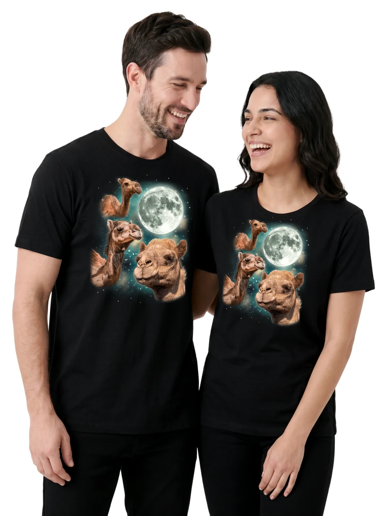 Couple wearing the Three Camel Moon cosmic t-shirt - MagicMoon moon-channeled design