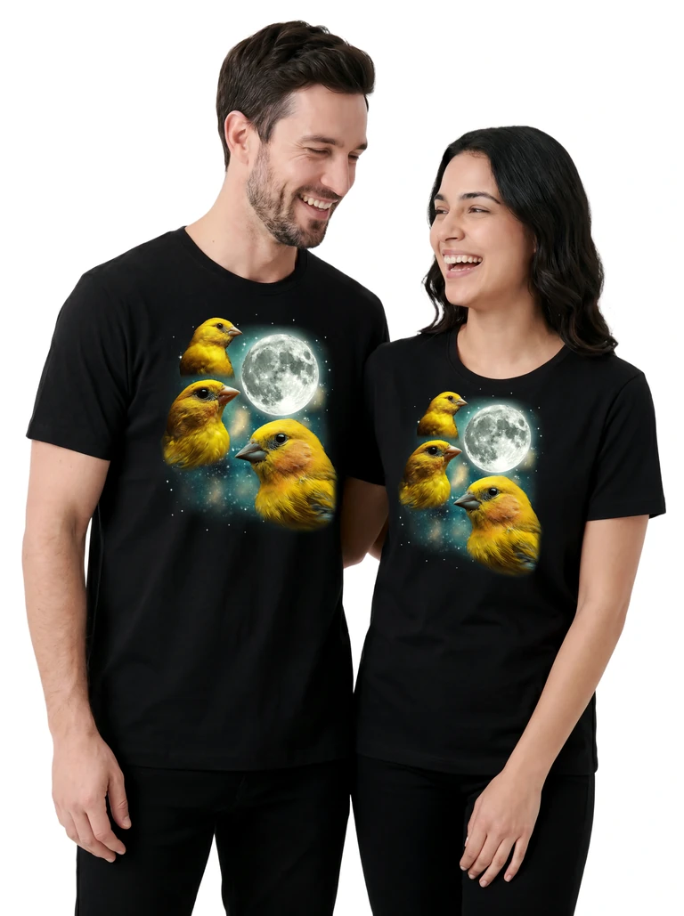 Couple wearing the Three Canary Moon cosmic t-shirt - MagicMoon moon-channeled design
