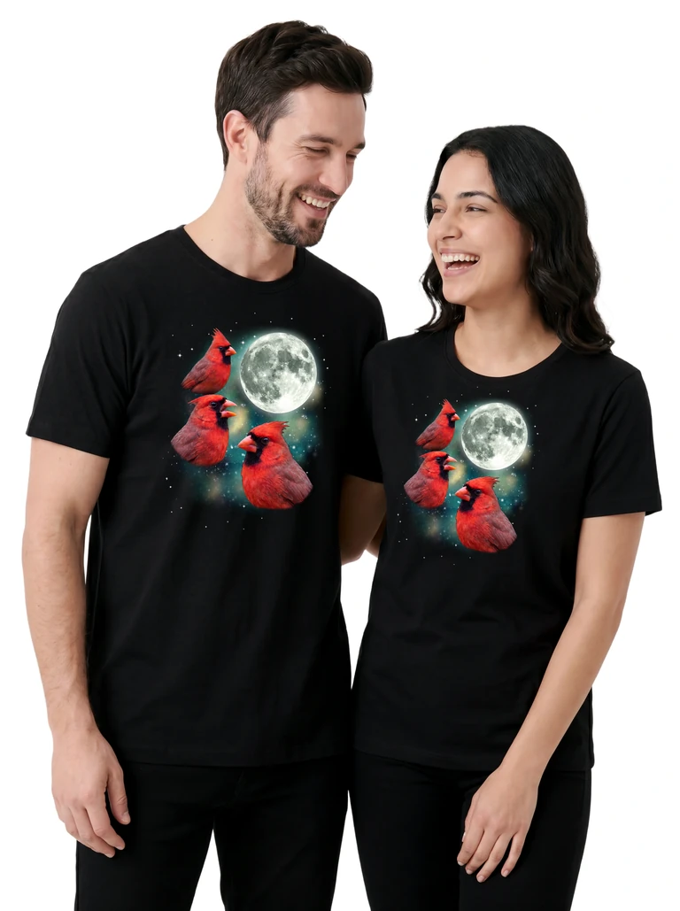 Couple wearing the Three Cardinal Moon cosmic t-shirt - MagicMoon moon-channeled design