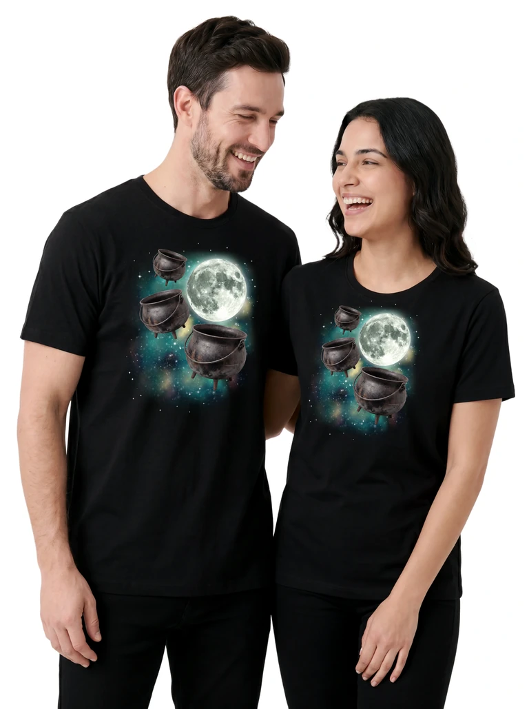 Couple wearing the Three Cauldron Moon cosmic t-shirt - MagicMoon moon-channeled design