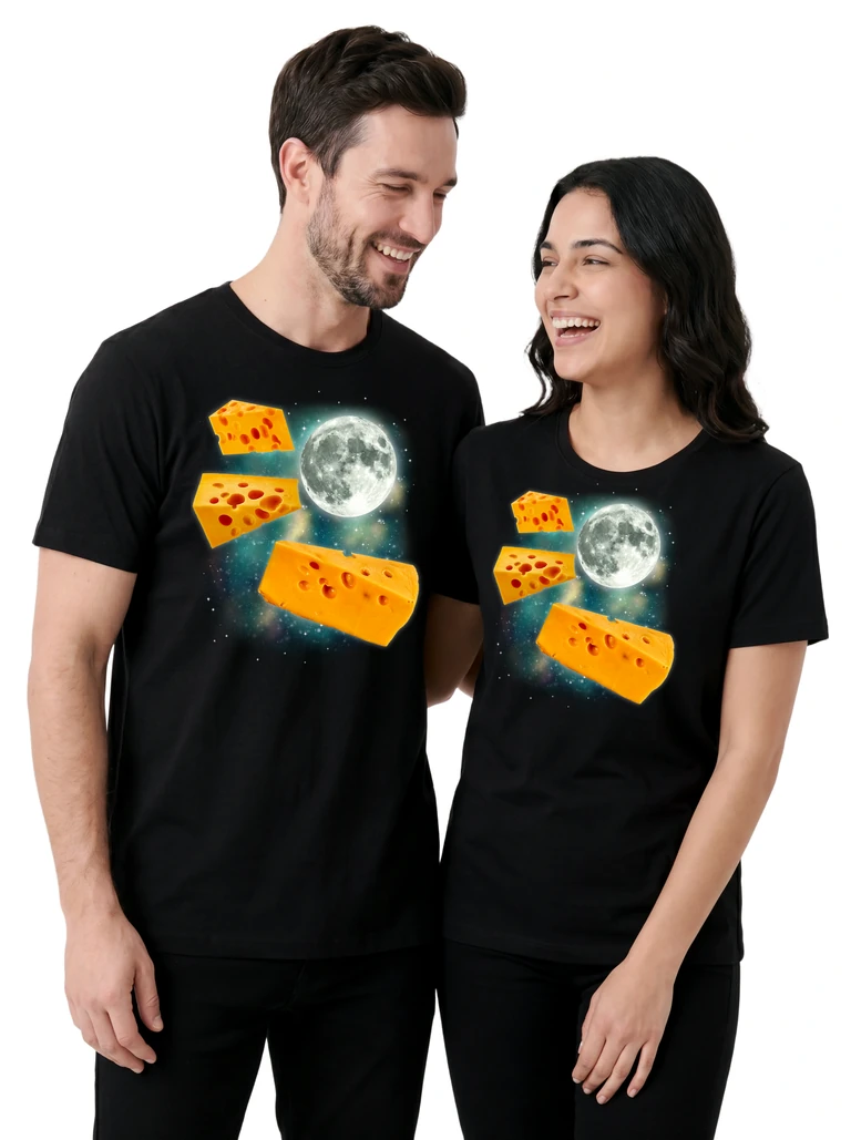 Couple wearing the Three Cheese Moon cosmic t-shirt - MagicMoon moon-channeled design
