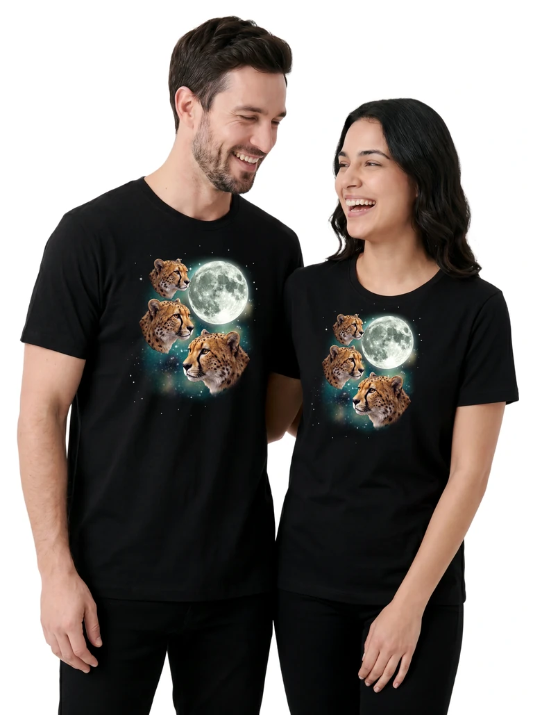 Couple wearing the Three Cheetah Moon cosmic t-shirt - MagicMoon moon-channeled design