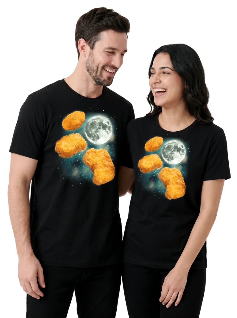 Couple wearing the Three Chicken Nugget Moon cosmic t-shirt - MagicMoon moon-channeled design