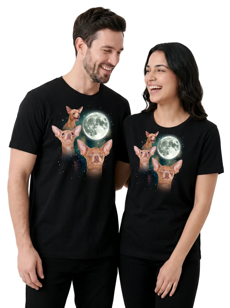 Couple wearing the Three Chihuahua Moon cosmic t-shirt - MagicMoon moon-channeled design