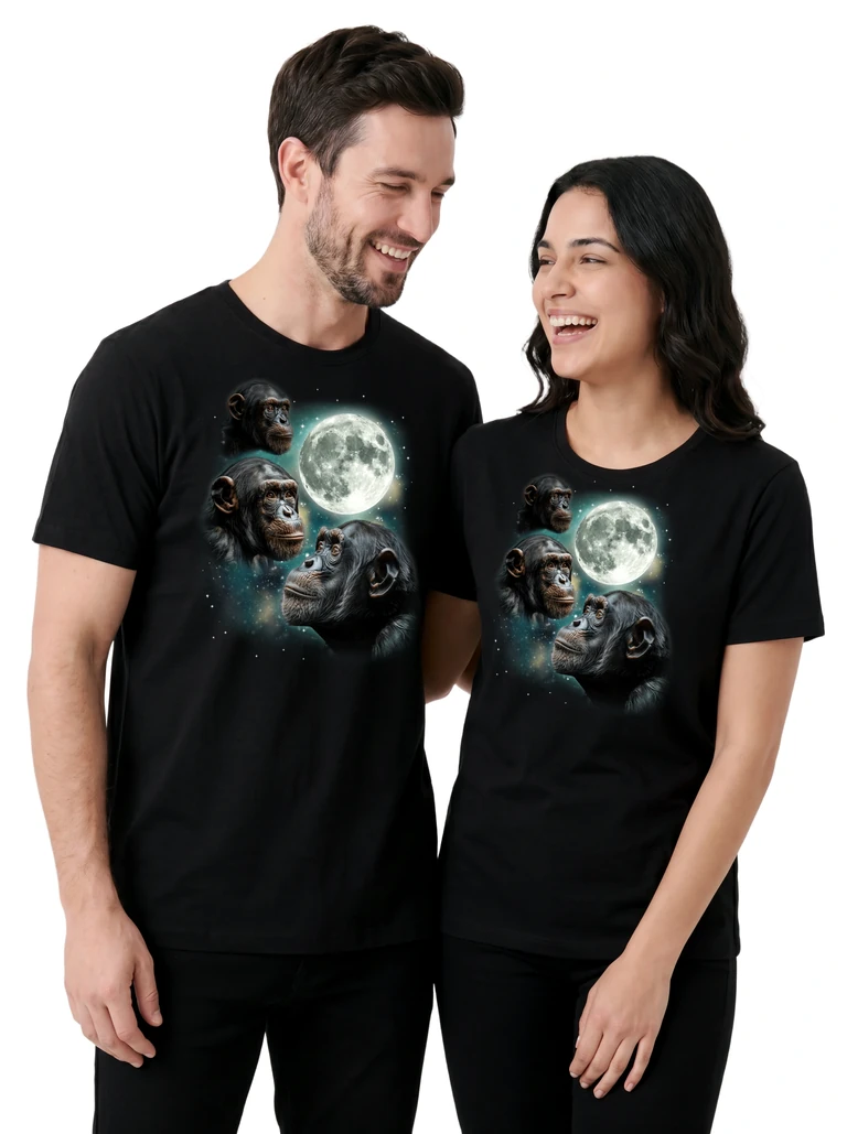 Couple wearing the Three Chimpanzee Moon cosmic t-shirt - MagicMoon moon-channeled design