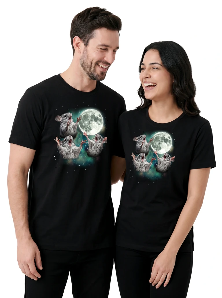 Couple wearing the Three Chinchilla Moon cosmic t-shirt - MagicMoon moon-channeled design