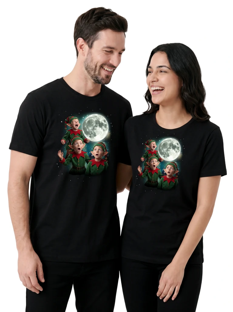 Couple wearing the Three Christmas Elf Moon cosmic t-shirt - MagicMoon moon-channeled design