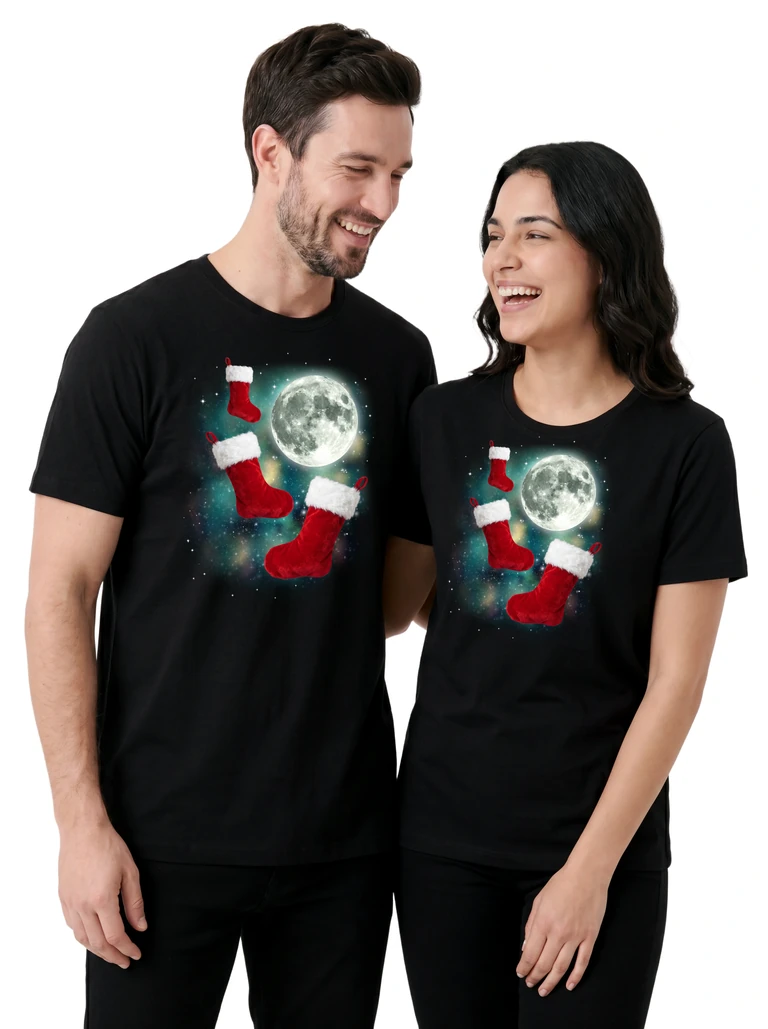 Couple wearing the Three Christmas Stocking Moon cosmic t-shirt - MagicMoon moon-channeled design
