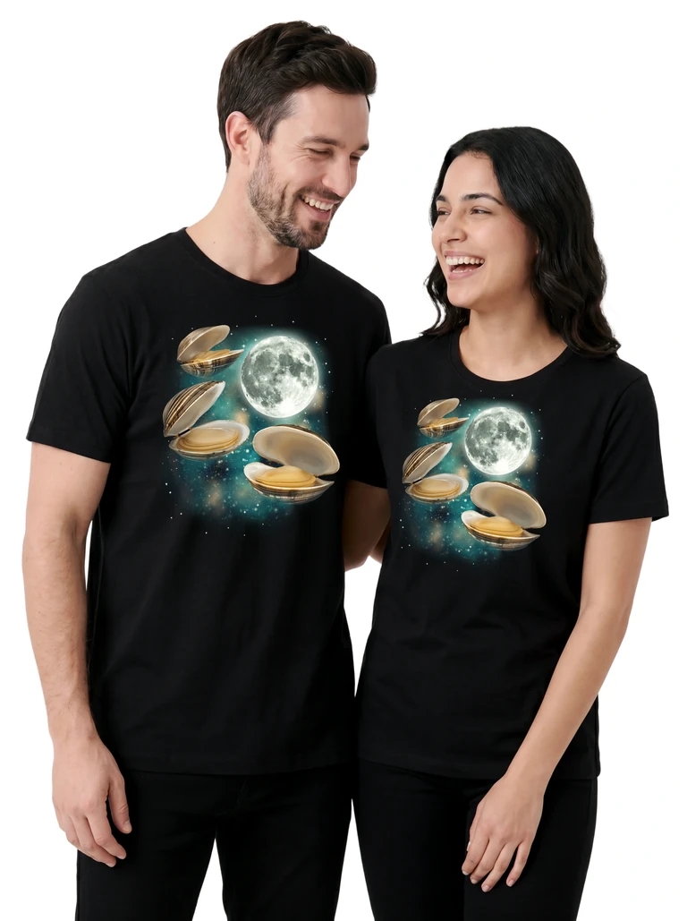Couple wearing the Three Clam Moon cosmic t-shirt - MagicMoon moon-channeled design