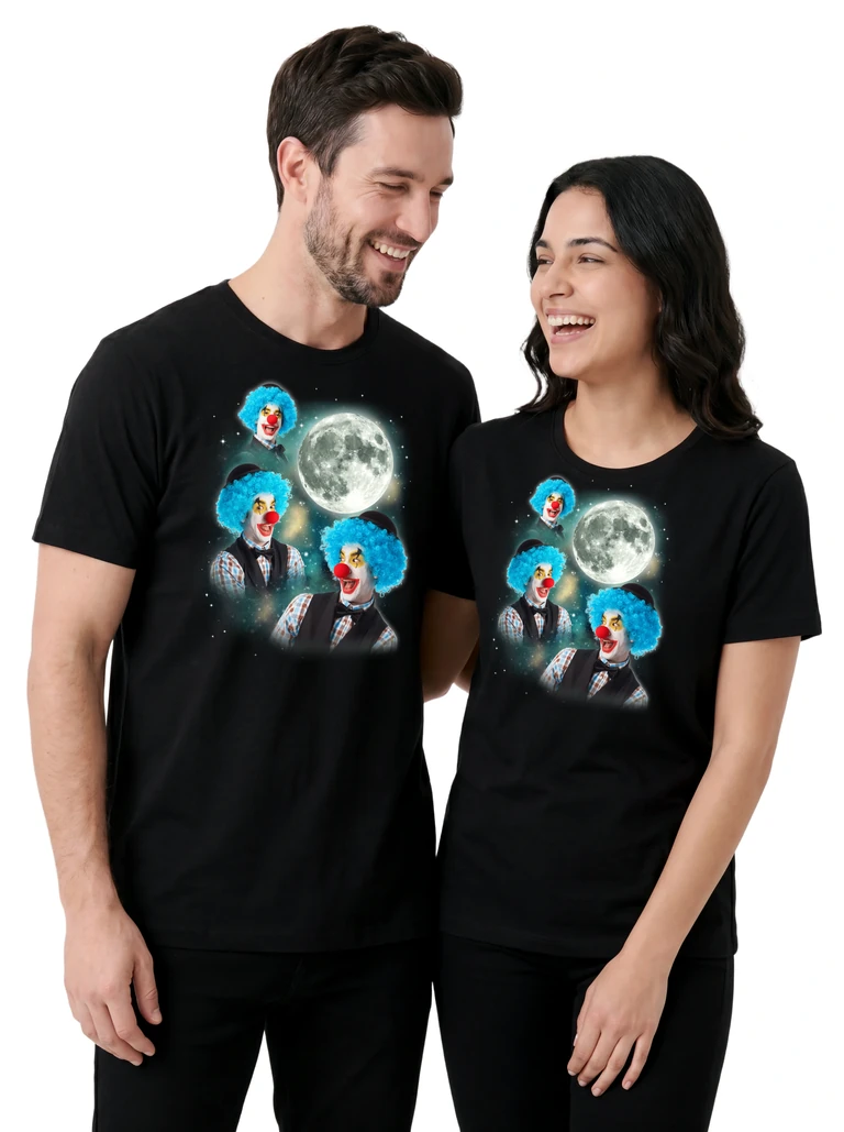 Couple wearing the Three Clown Moon cosmic t-shirt - MagicMoon moon-channeled design