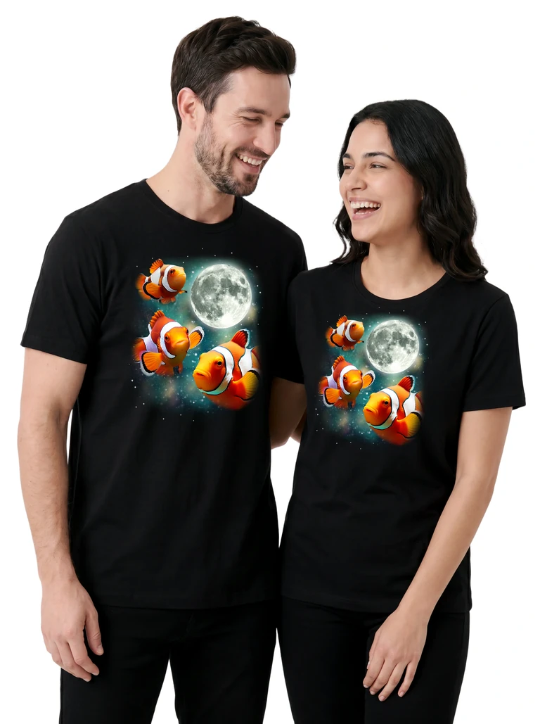 Couple wearing the Three Clownfish Moon cosmic t-shirt - MagicMoon moon-channeled design