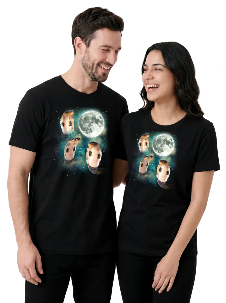 Couple wearing the Three Cobras Moon cosmic t-shirt - MagicMoon moon-channeled design
