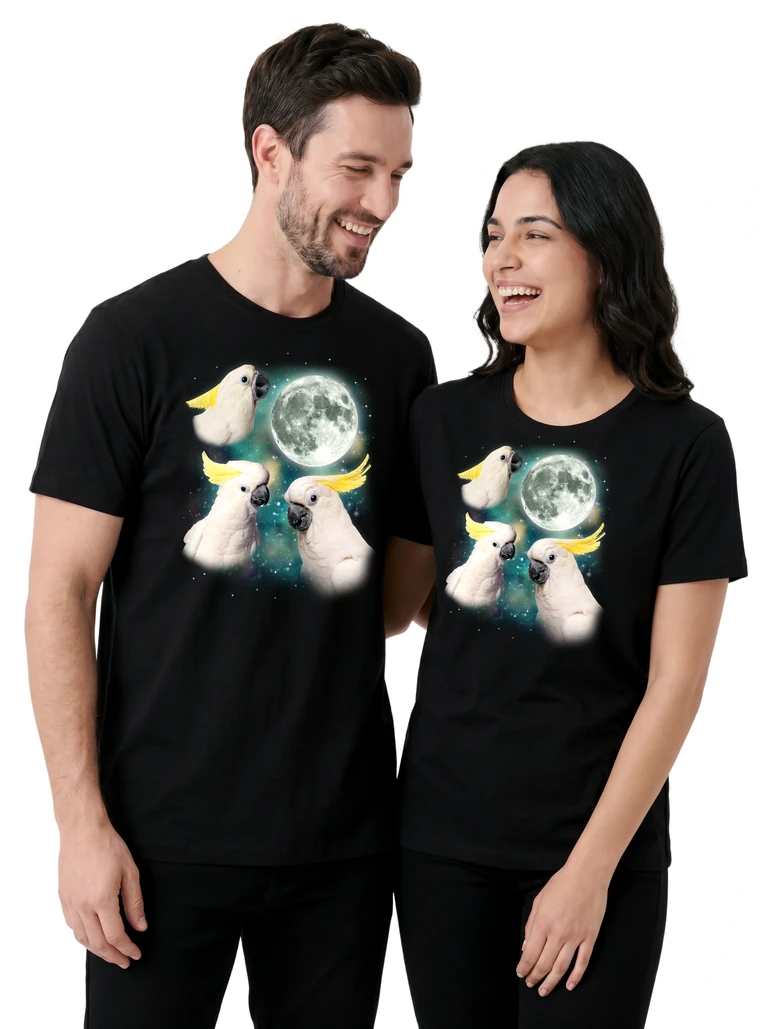Couple wearing the Three Cockatoo Moon cosmic t-shirt - MagicMoon moon-channeled design