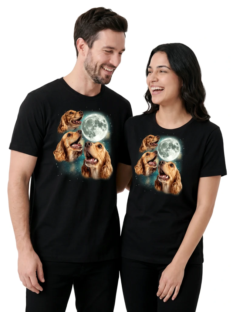 Couple wearing the Three Cocker Spaniel Moon cosmic t-shirt - MagicMoon moon-channeled design