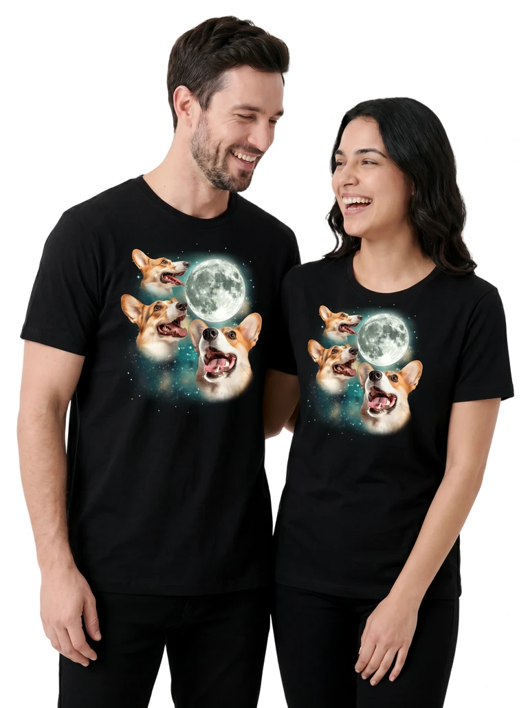 Couple wearing the Three Corgi Moon cosmic t-shirt - MagicMoon moon-channeled design
