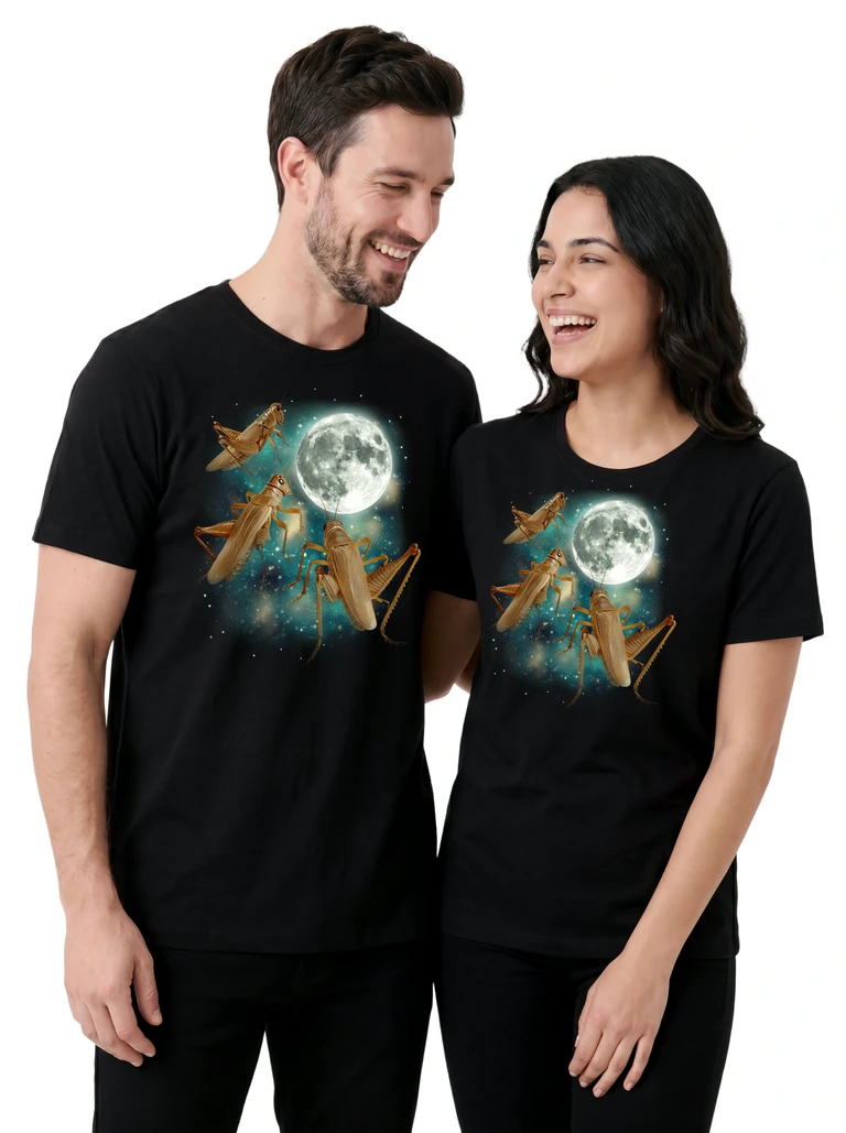 Couple wearing the Three Cricket Moon cosmic t-shirt - MagicMoon moon-channeled design