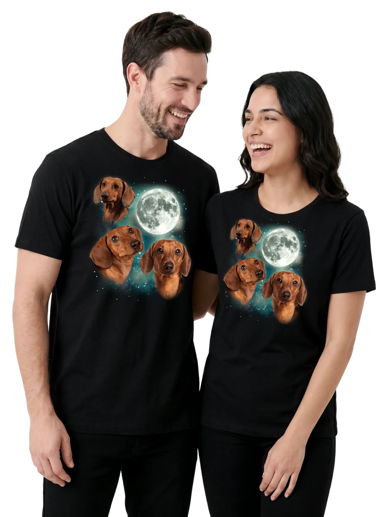 Couple wearing the Three Dachshund 2 Moon cosmic t-shirt - MagicMoon moon-channeled design