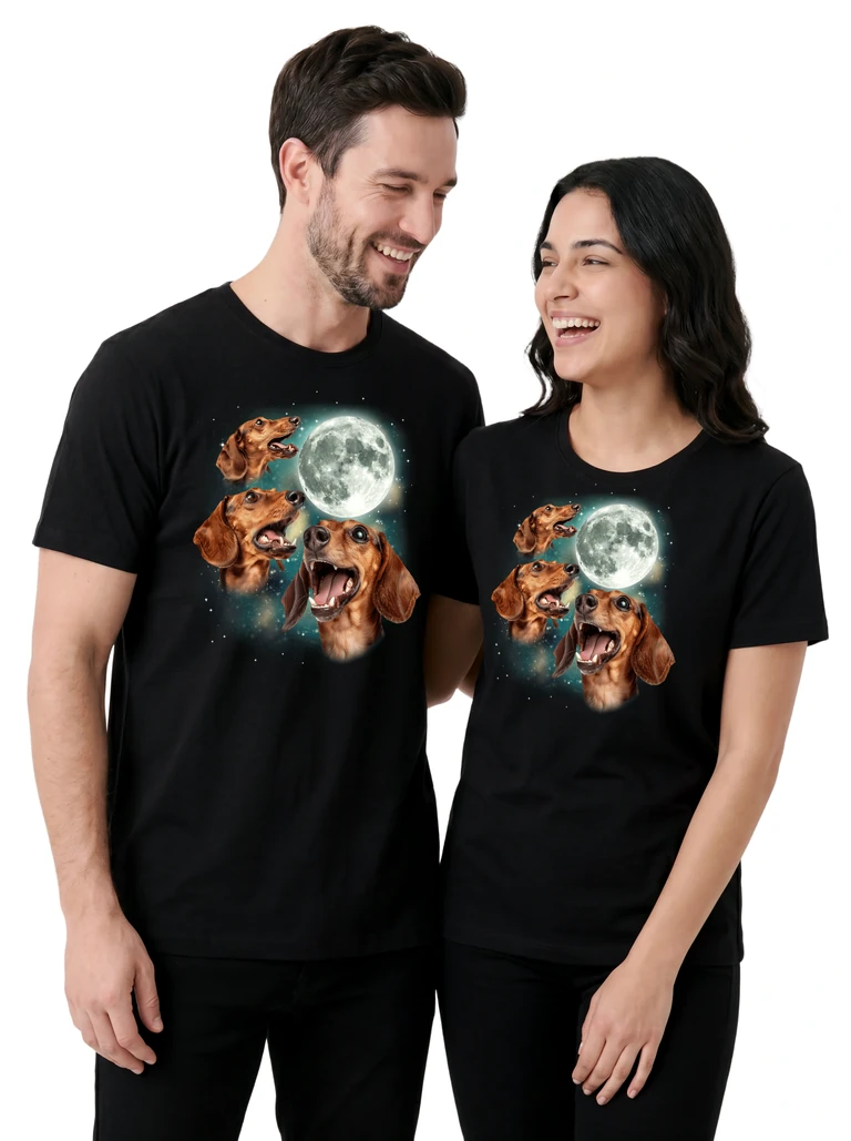 Couple wearing the Three Dachshund Moon cosmic t-shirt - MagicMoon moon-channeled design