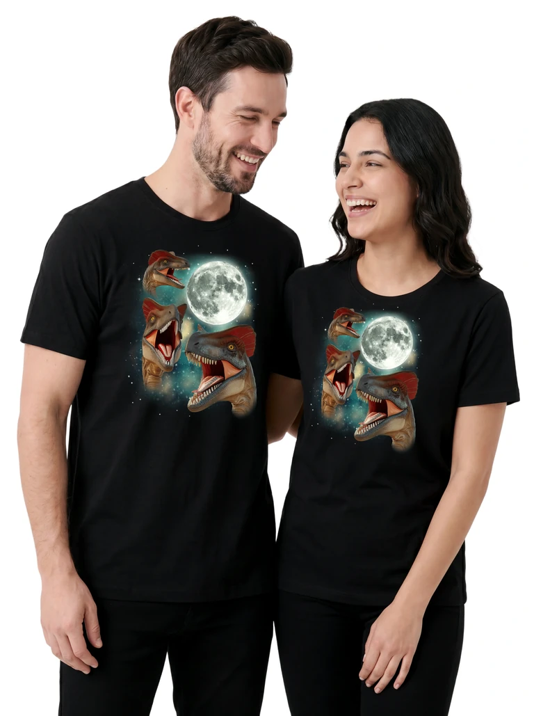 Couple wearing the Three Dilophosaurus Moon cosmic t-shirt - MagicMoon moon-channeled design