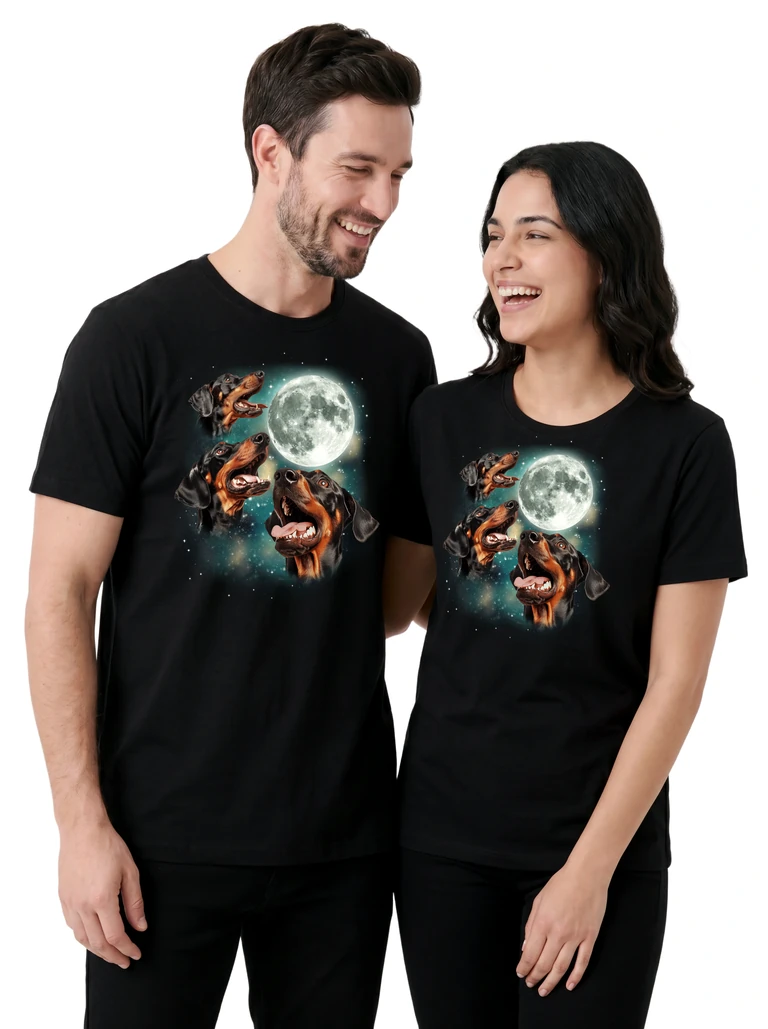 Couple wearing the Three Doberman Pinscher Moon cosmic t-shirt - MagicMoon moon-channeled design