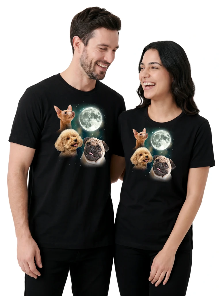 Couple wearing the Three Dog Moon cosmic t-shirt - MagicMoon moon-channeled design