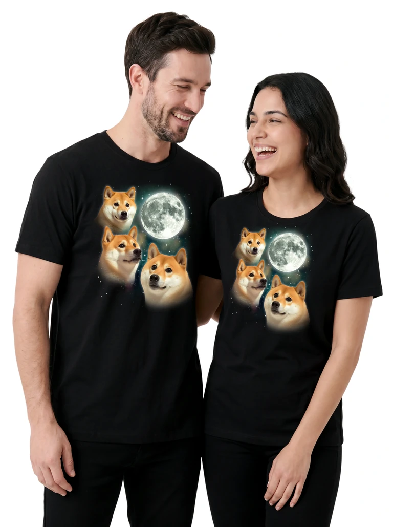 Couple wearing the Three Doge Moon cosmic t-shirt - MagicMoon moon-channeled design