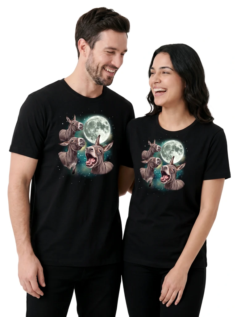 Couple wearing the Three Donkey Moon cosmic t-shirt - MagicMoon moon-channeled design