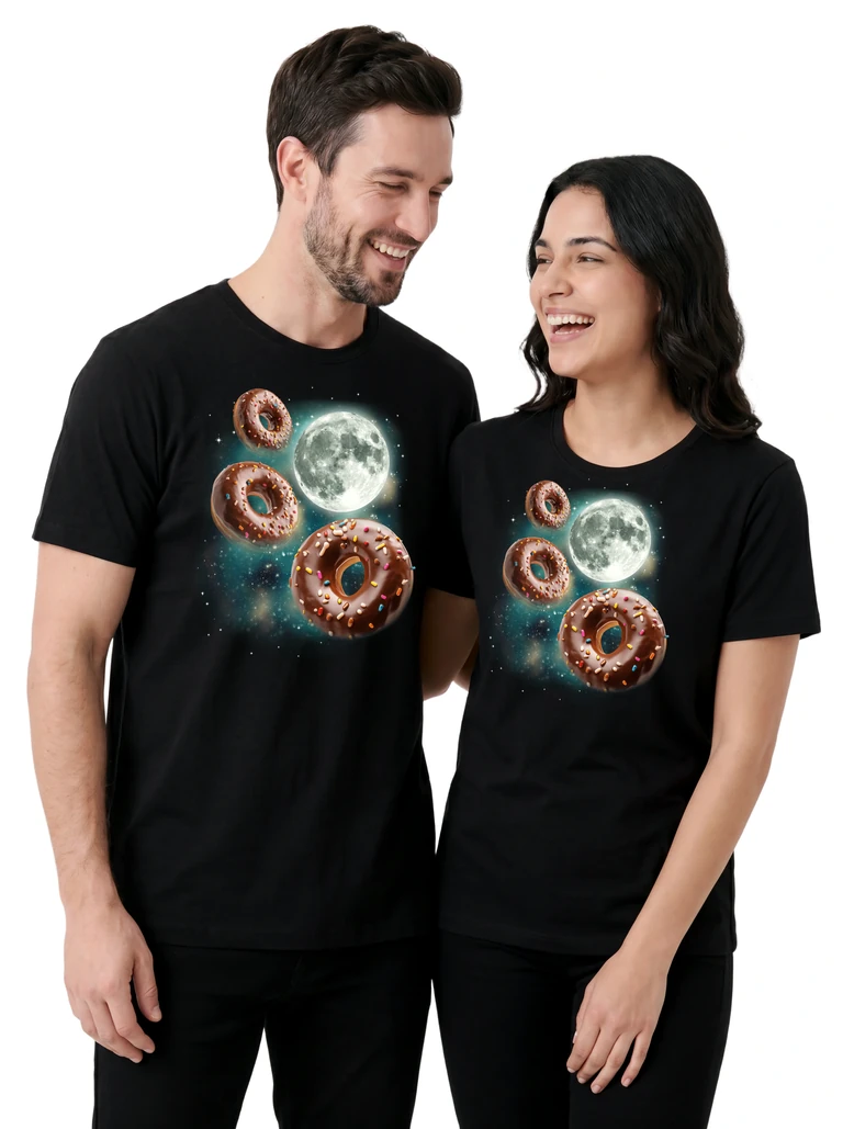 Couple wearing the Three Donut Moon cosmic t-shirt - MagicMoon moon-channeled design