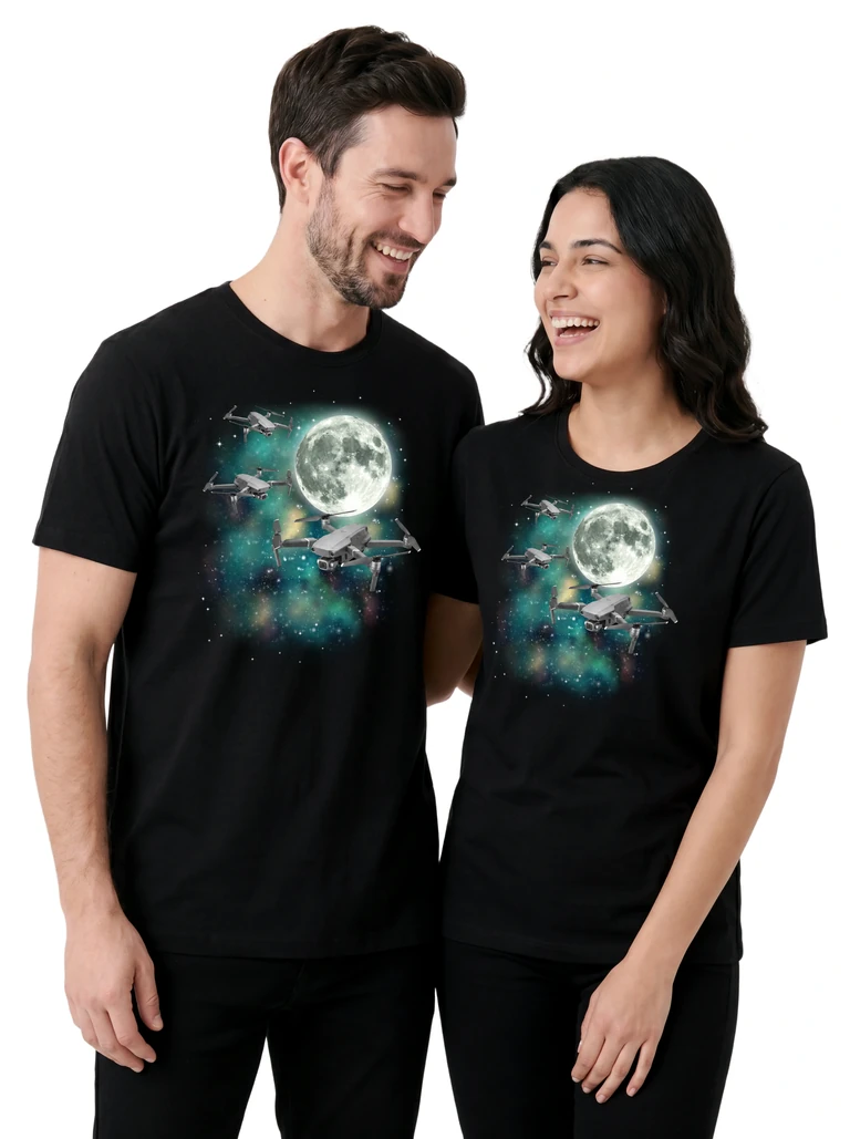 Couple wearing the Three Drone Moon cosmic t-shirt - MagicMoon moon-channeled design
