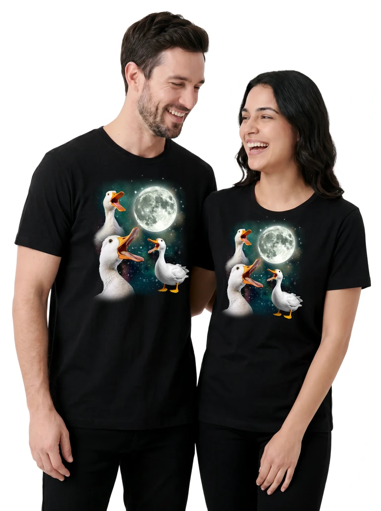 Couple wearing the Three Duck Moon cosmic t-shirt - MagicMoon moon-channeled design