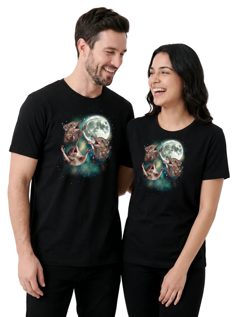 Couple wearing the Three Elephant Shrew Moon cosmic t-shirt - MagicMoon moon-channeled design