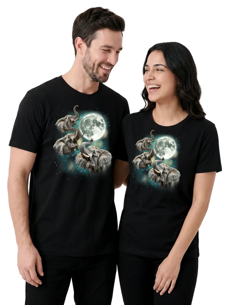 Couple wearing the Three Elephant Moon cosmic t-shirt - MagicMoon moon-channeled design