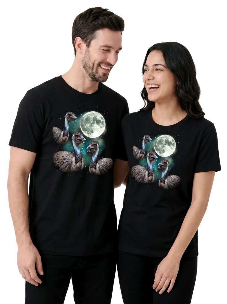 Couple wearing the Three Emu Moon cosmic t-shirt - MagicMoon moon-channeled design