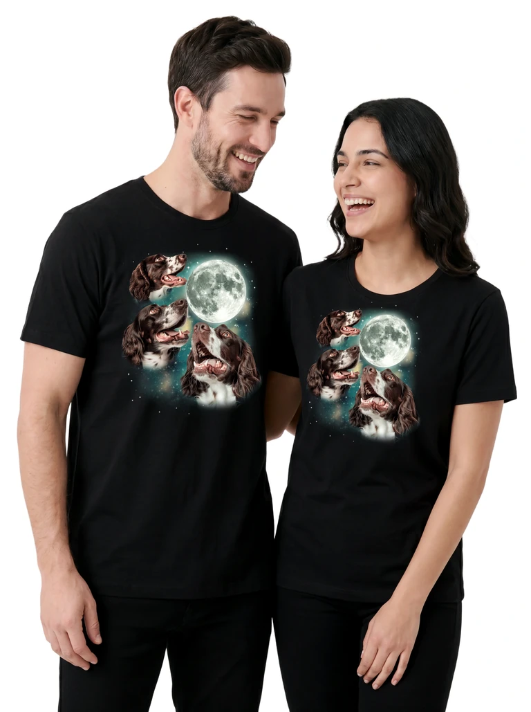 Couple wearing the Three English Springer Spaniel Moon cosmic t-shirt - MagicMoon moon-channeled design