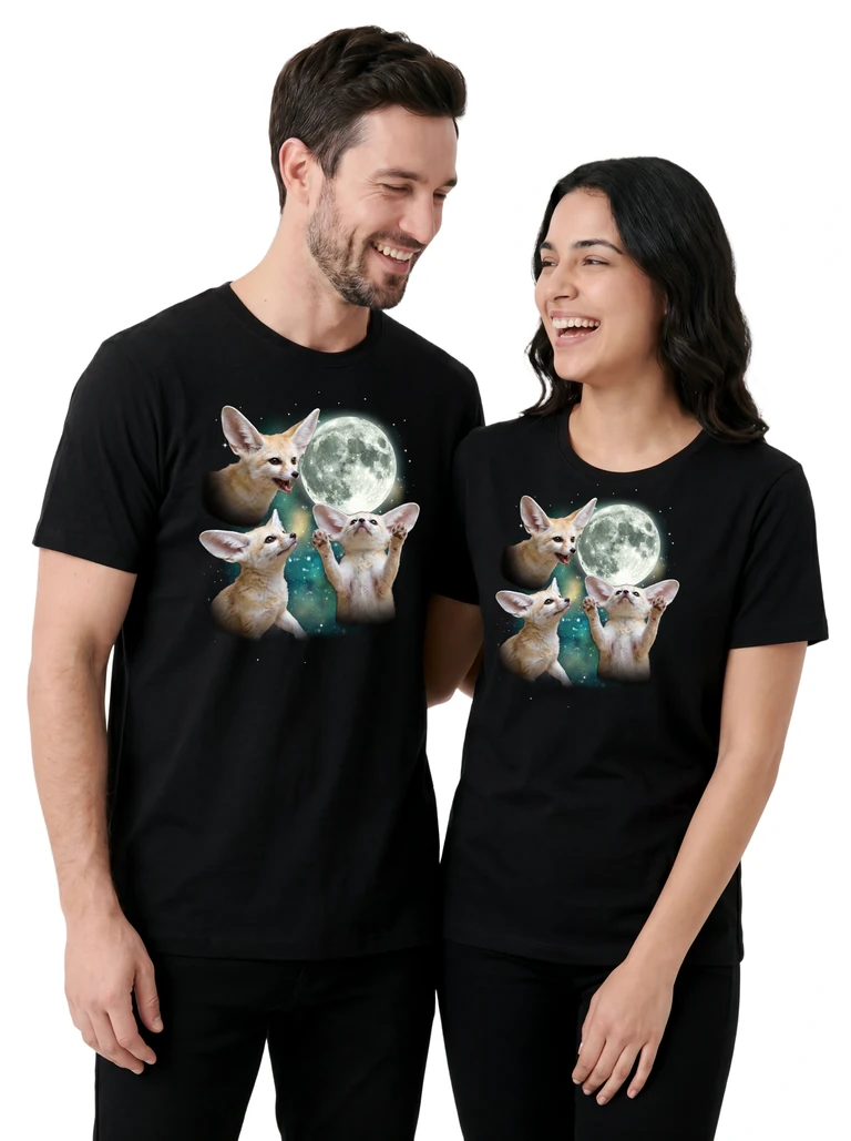 Couple wearing the Three Fennec Fox Moon cosmic t-shirt - MagicMoon moon-channeled design