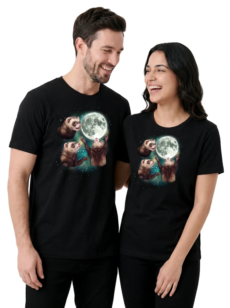 Couple wearing the Three Ferret Moon cosmic t-shirt - MagicMoon moon-channeled design