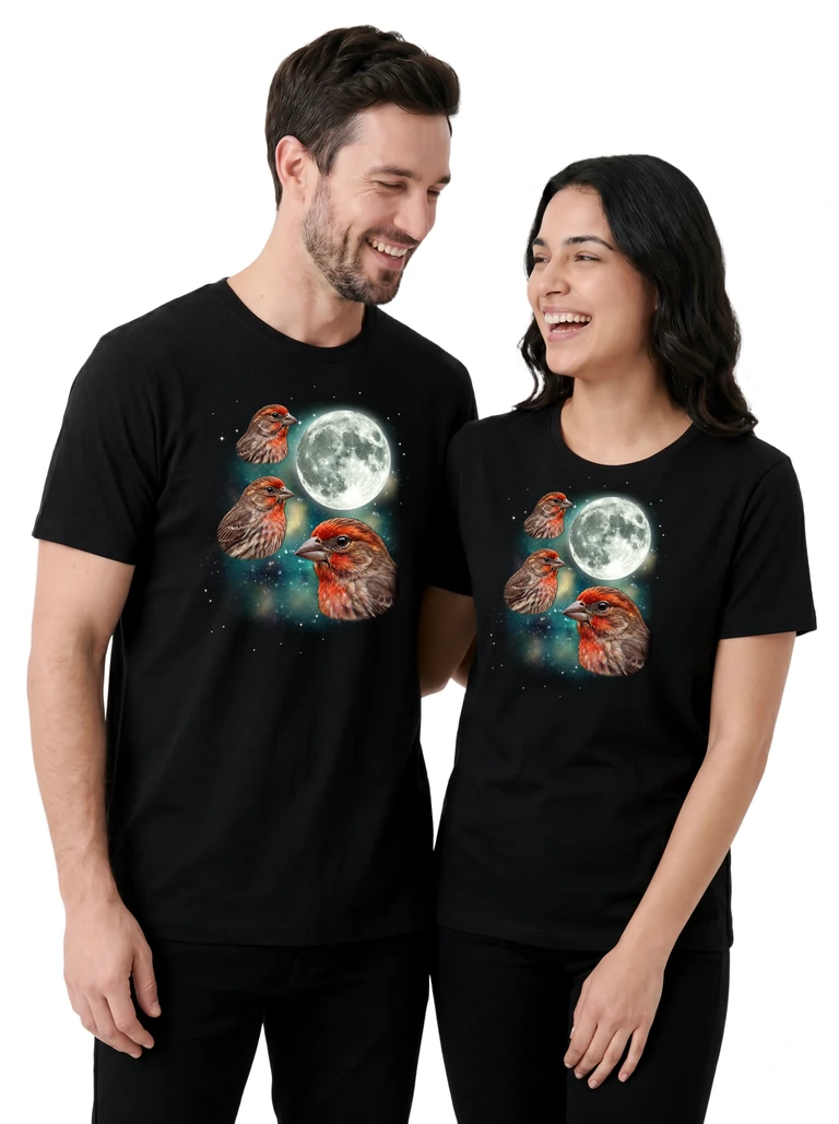 Couple wearing the Three Finch Moon cosmic t-shirt - MagicMoon moon-channeled design