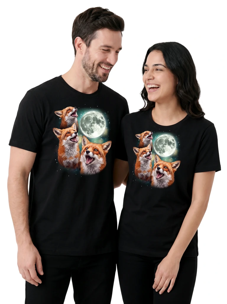 Couple wearing the Three Fox Moon cosmic t-shirt - MagicMoon moon-channeled design