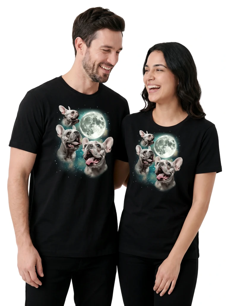 Couple wearing the Three French Bulldog White Moon cosmic t-shirt - MagicMoon moon-channeled design