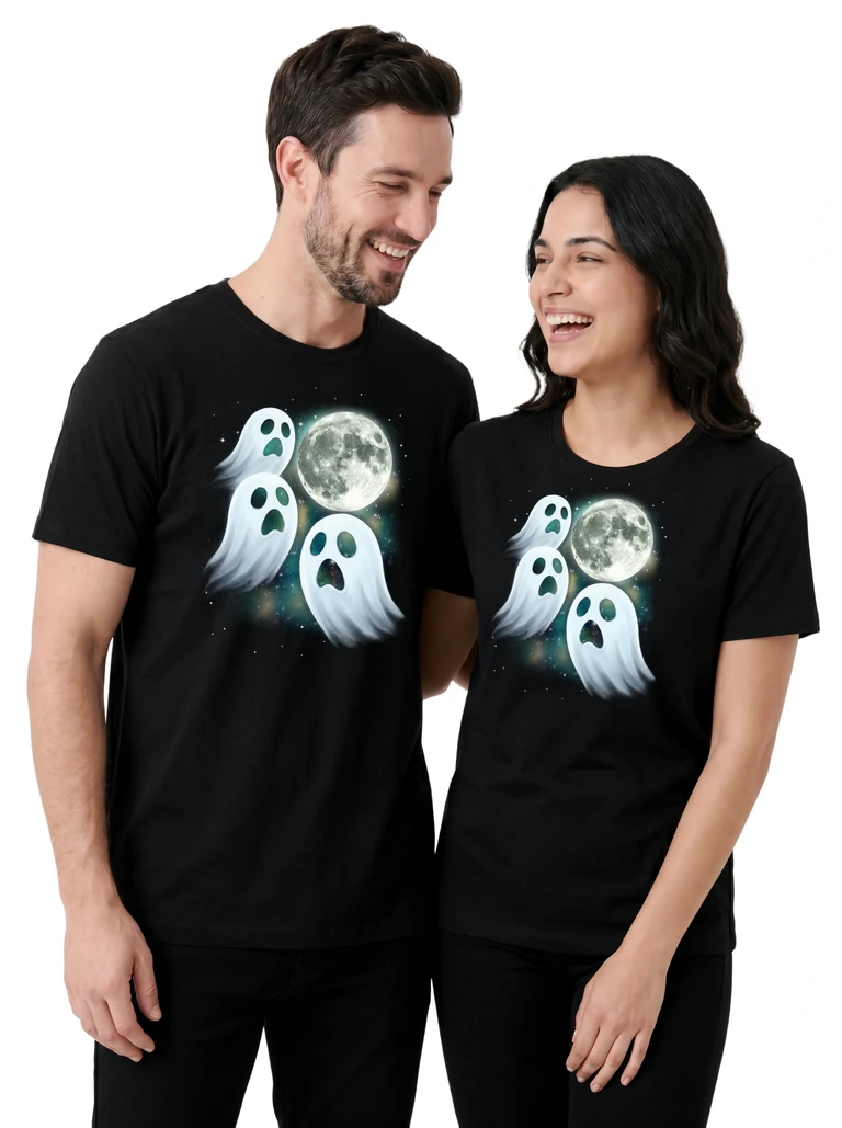 Couple wearing the Three Ghost Moon cosmic t-shirt - MagicMoon moon-channeled design