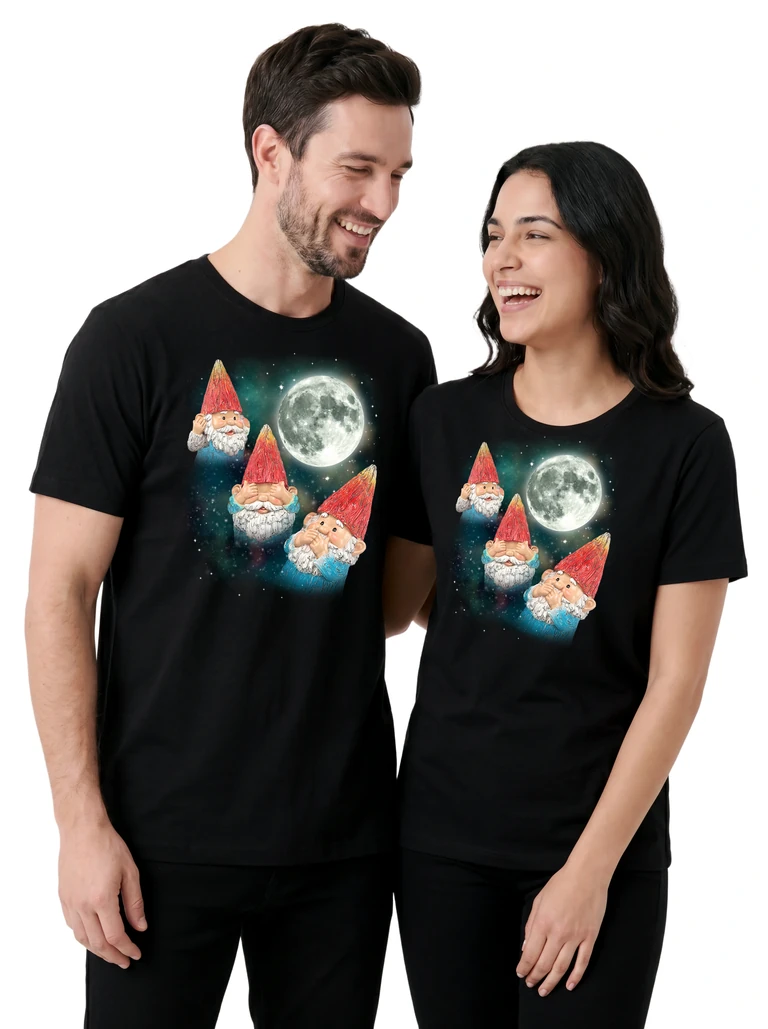 Couple wearing the Three Gnome Moon cosmic t-shirt - MagicMoon moon-channeled design