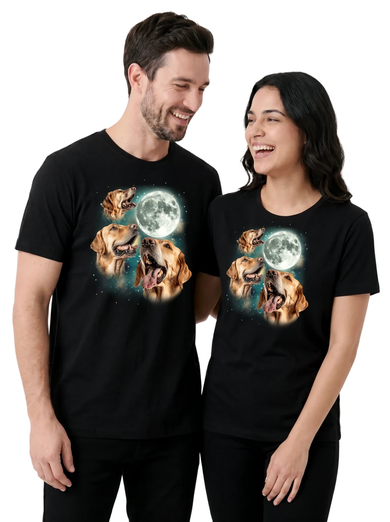 Couple wearing the Three Golden Retriever Moon cosmic t-shirt - MagicMoon moon-channeled design