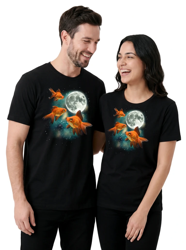 Couple wearing the Three Goldfish Moon cosmic t-shirt - MagicMoon moon-channeled design