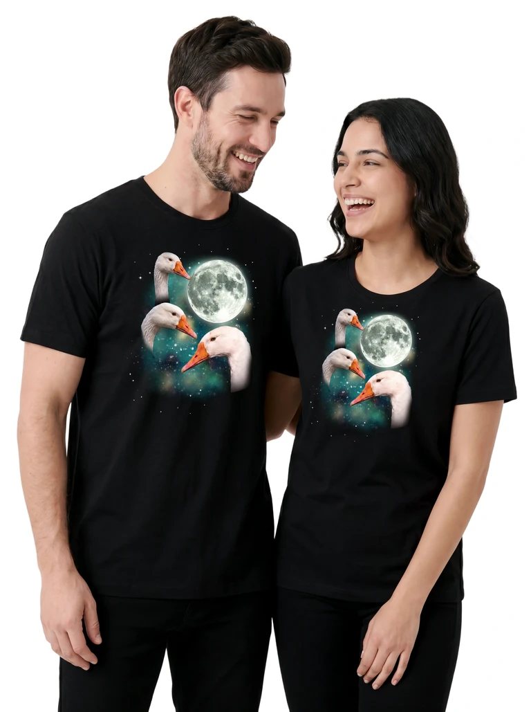 Couple wearing the Three Goose Moon cosmic t-shirt - MagicMoon moon-channeled design