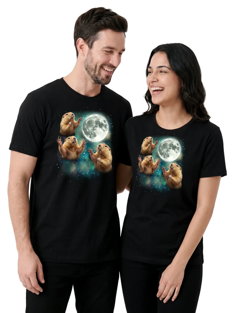Couple wearing the Three Gopher Moon cosmic t-shirt - MagicMoon moon-channeled design