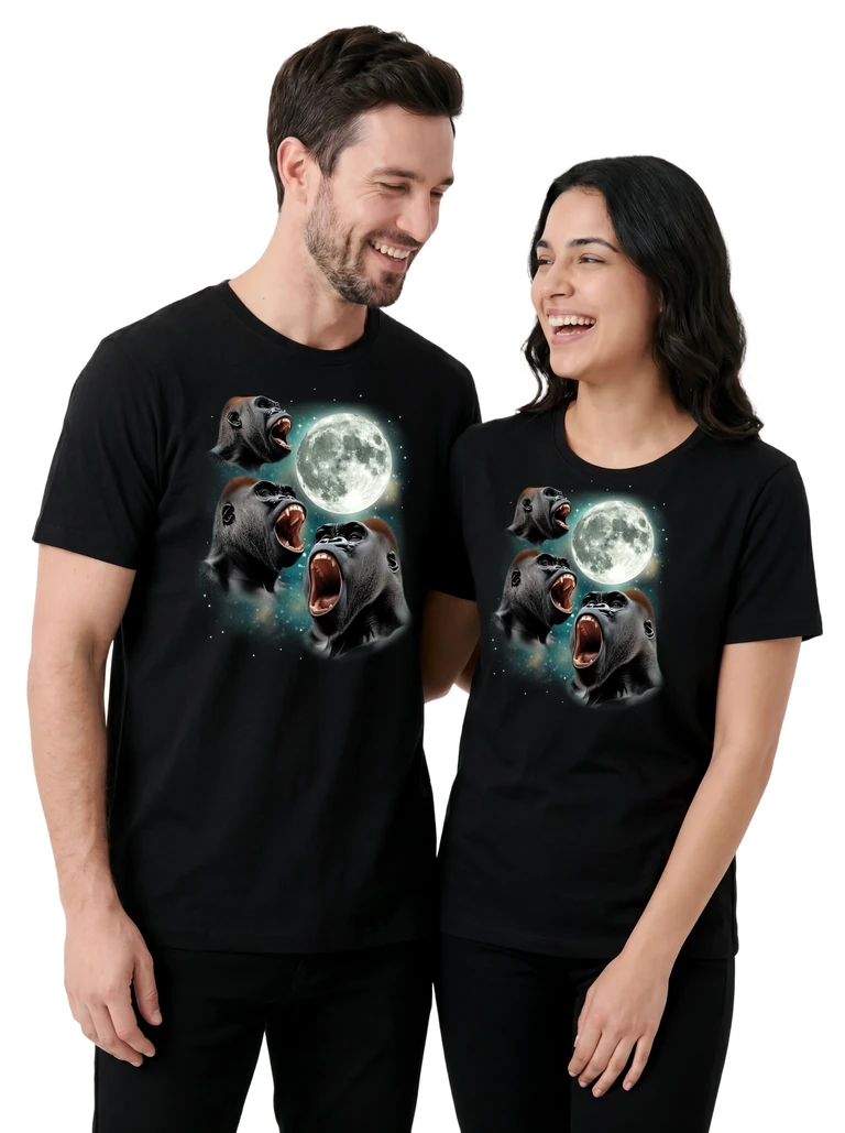 Couple wearing the Three Gorilla Moon cosmic t-shirt - MagicMoon moon-channeled design