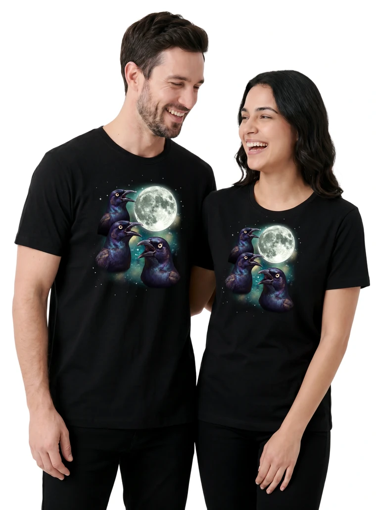 Couple wearing the Three Grackle Moon cosmic t-shirt - MagicMoon moon-channeled design
