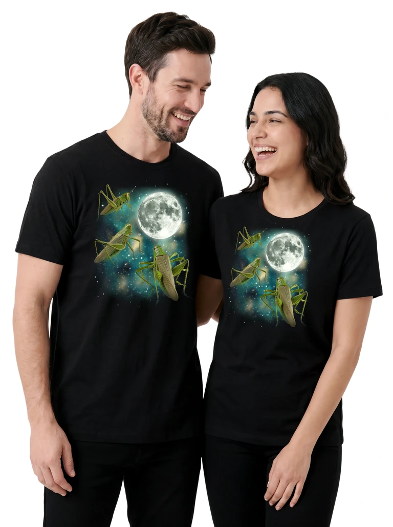 Couple wearing the Three Grasshopper Moon cosmic t-shirt - MagicMoon moon-channeled design