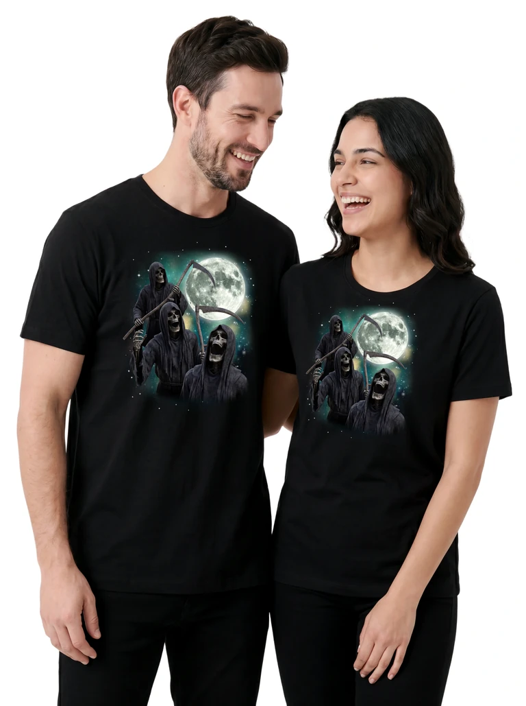 Couple wearing the Three Grim Reaper Moon cosmic t-shirt - MagicMoon moon-channeled design